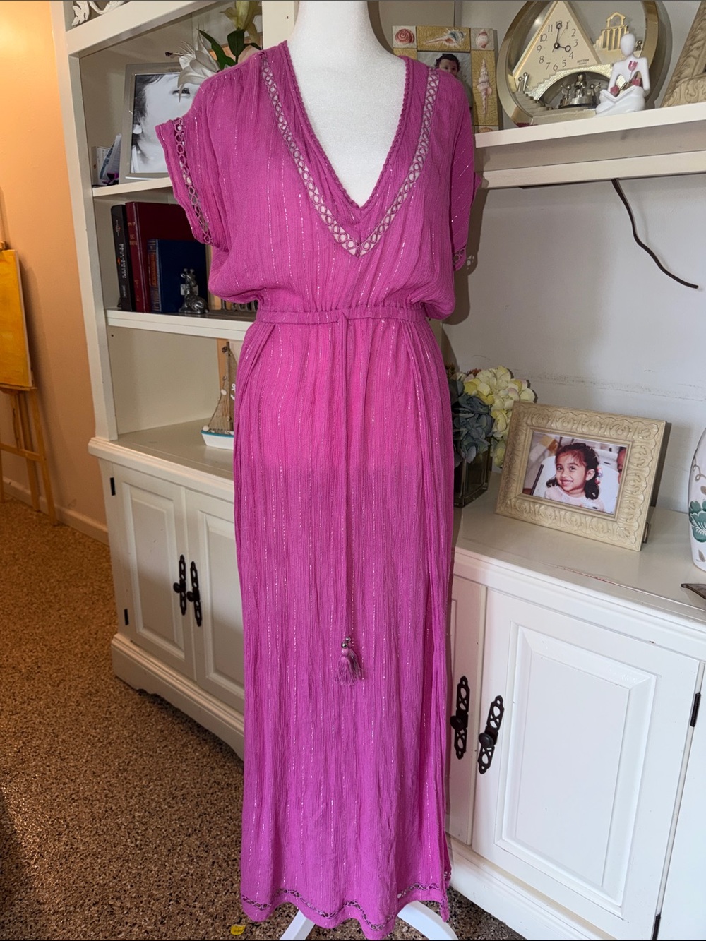 Women’s Magenta V-Neck Maxi Dress with Tassel Waist